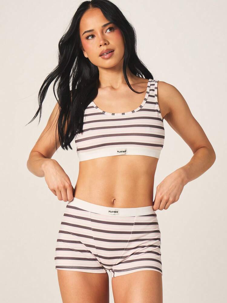 Missguided x Playboy Striped Scoop Neck Bralette Boxer Brief Lingerie Set With Horizontal Stripes Comfort Intimate Two Piece
