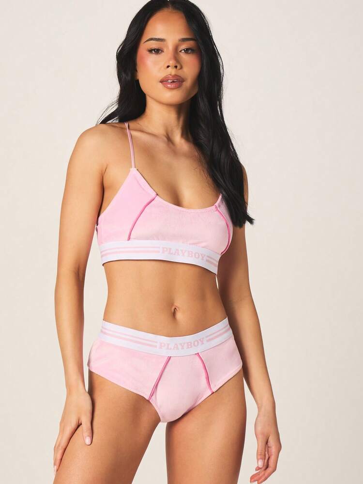 Missguided x Playboy Women's Velour Bralette And Hipster Panty Set With Contrast Elastic Tape And Cross Back Straps
