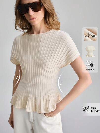 Ontre 2026SS New Women's Sweater, Short Sleeve Knitted Top, Toothpick Stripe Design, Solid Apricot Color Round Neck Short Sleeve Fashion Versatile Sweater, Suitable For Wedding Season, Wedding Guest Attire, Holiday Party, Romantic Valentine's Day, Waist Cinching, Loose Fit, Spring/Summer, Office Wear, Casual Urban Chic, Minimalist Commuter Sweater
