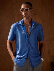 AKNOTIC Solid Color Front Button Casual Versatile Summer Short Sleeve Woven Shirt - Blue - View 3