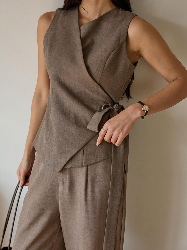 Women's Solid Color Side Tie Waistcoat And Pants Casual Commuter 2 Pieces Set Business Casual Woman Summer