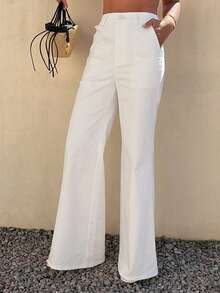 DAZY Women's Casual Solid White Flare Pants, Spring/Summer - White - View 6