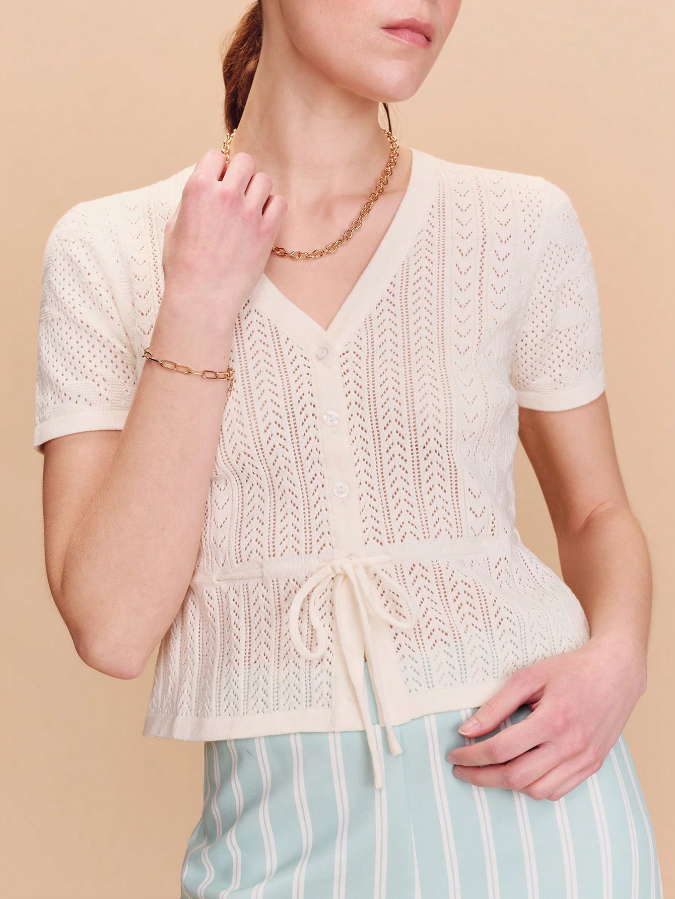 Cream Openwork Knitted Short Sleeve Top With Front Button Opening And Waist Tie Detail Spring Summer Vacation Top Holiday Top Resort Outfit For Women French Style Parisian Style