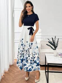 Miaspire 女士度假植物图案圆领短袖侧打结优雅连衣裙 - 彩色 - 查看 4