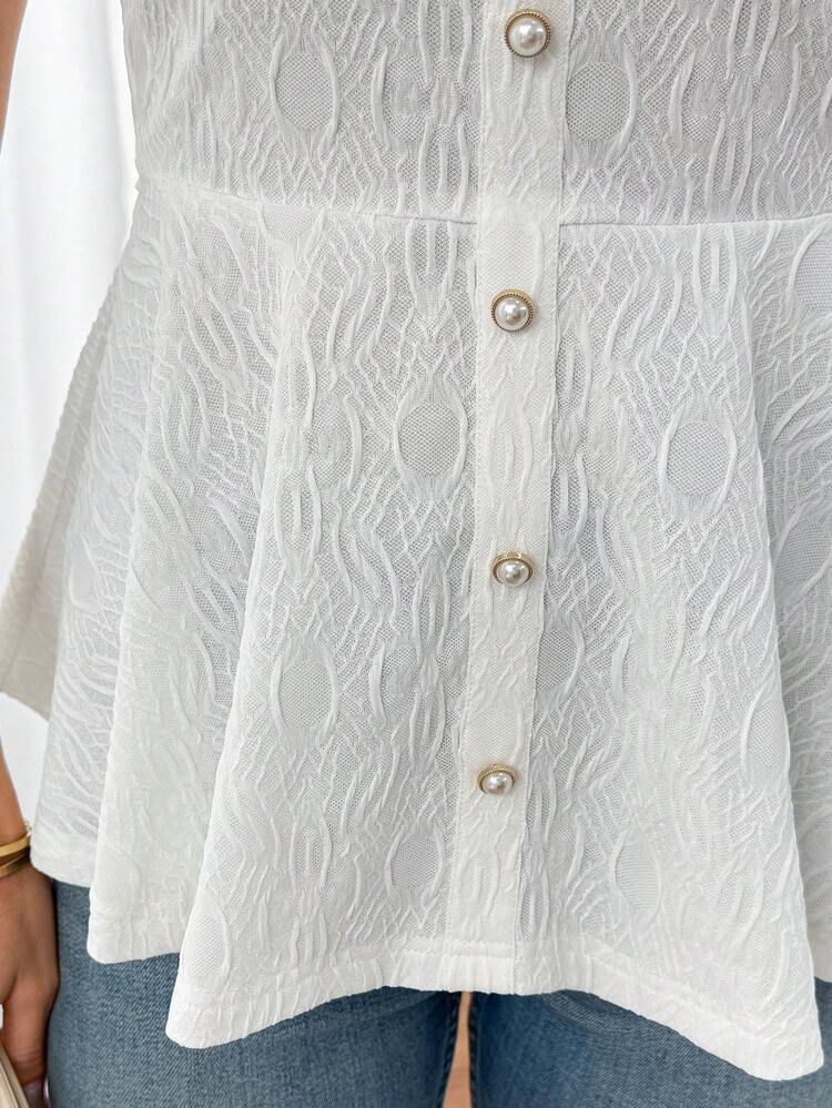 Women's Textured Round Neck Short Sleeve Button Design Casual Versatile T-Shirt,Elegant Top For Women,Graduation Outfit For Mother,Summer Outfits For Women Blouse For Women Elegant Classy Blouse For Women Casual White Peplum Top Textured Short Sleeve Blouse Button Front Blouse,Summer Outfit For Women