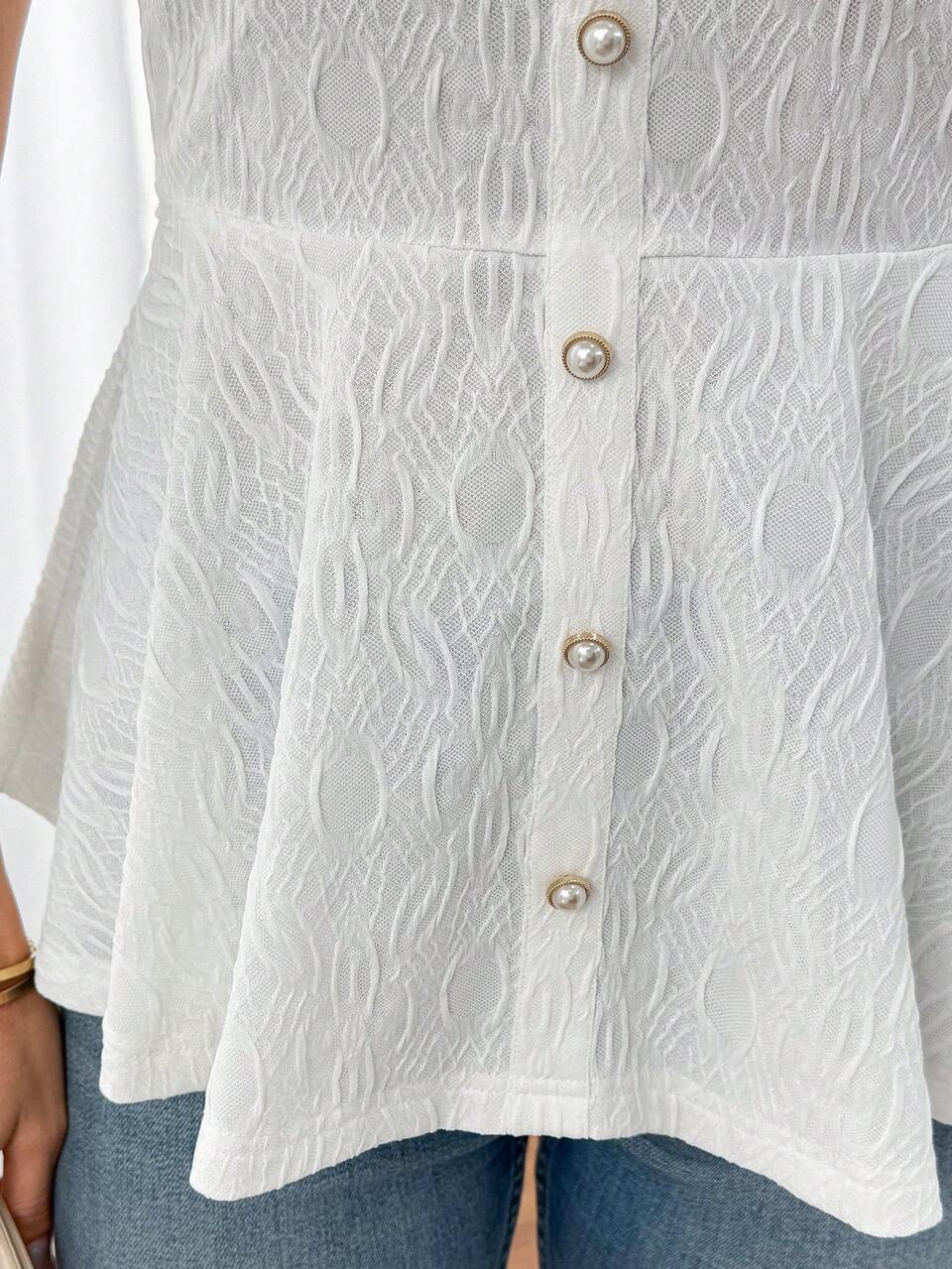 Women's Textured Round Neck Short Sleeve Button Front Peplum Top,Elegant Classy White Blouse,Casual Summer Elegant Graduation For Mother