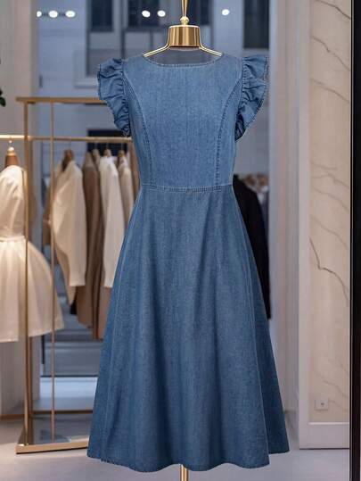 GlowEve Women's Casual Washed Denim Mini Dress With Flared Sleeves, Summer