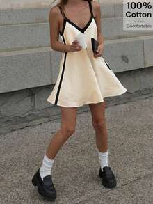 Siren Gaze 女士时尚性感撞色滚边吊带迷你连衣裙 - 杏色 - 查看 2