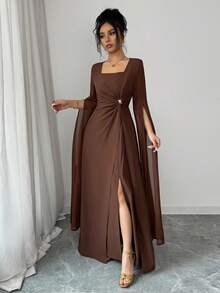 SHEIN Elenzya 女士咖啡色方领不对称腰部褶皱金属扣开衩袖修身优雅通勤连衣裙，春夏款 - 咖啡 - 查看 4