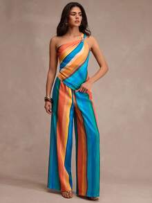 CLARA VERO Set di top monospalla a righe e pantaloni a zampa, vestibilità regular, perfetto per feste estive, vacanze al mare o weekend, realizzato in tessuto leggero non elastico al 100% in poliestere - Multicolore - Visualizzare 3