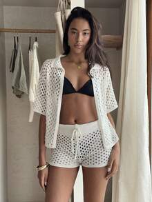 SHEIN Cardigans en tricot et shorts pour femmes - Nude - Voir 3