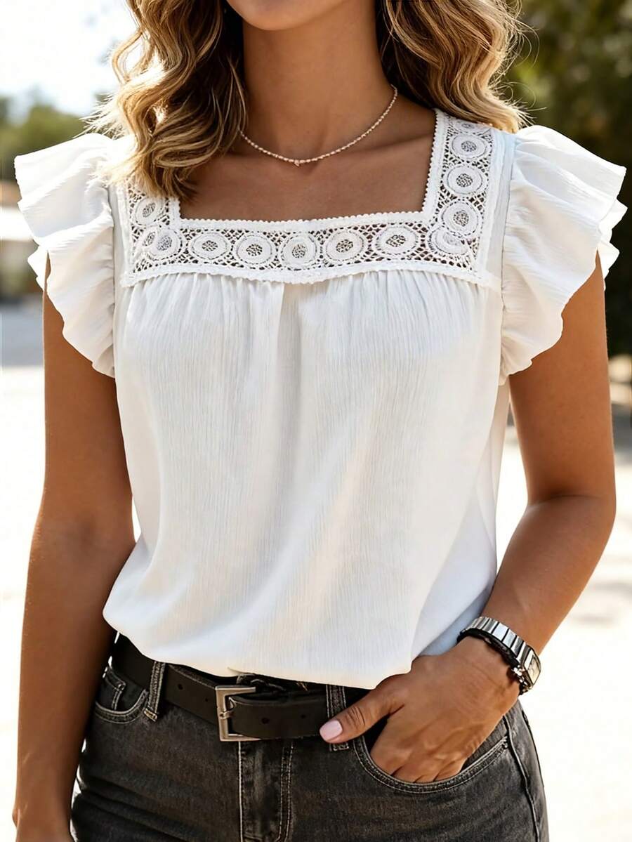 Elenzga Plus Size Solid Color Square Collar Ruffle Hem Casual Blouse - White - View 1