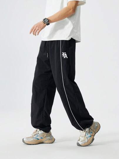 Manfinity Sport Corelite Men's Letter Print Drawstring Waist Casual Versatile Daily & Sports Straight Leg Pants