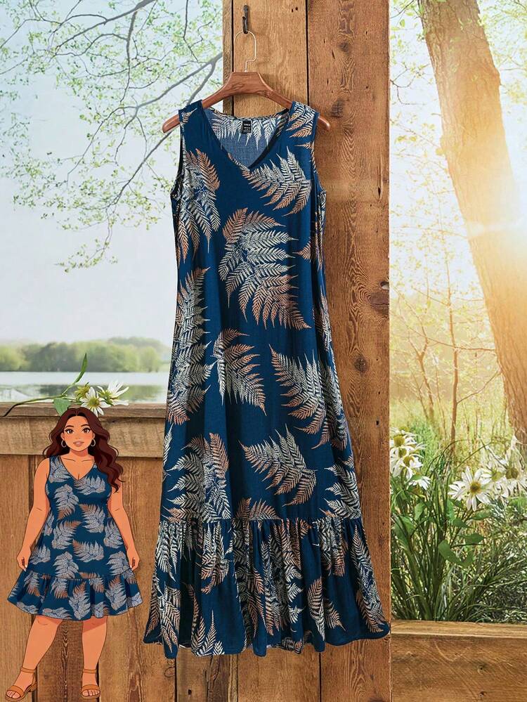 Plus Size Women's Summer Casual Vacation Country Vacation Sleeveless  Floral Print Tropical Leaf Print Dress, Summer Holiday,Spring Break Outfits ,Vacation Outfits Women ,Holiday Outfits For Women,Spring Dress Women,Going Out Outfits,2026 New Clothes,Simple And Fashionable For Everyday Wear,Casual Vacation Boho Dress,Dresses For Women,Flowy Dress,Holiday Outfits Boho, Summer Dresses