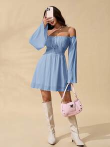 SHEIN PETITE Romantic Off Shoulder Flounce Sleeve Waist Dress - Blue - View 5