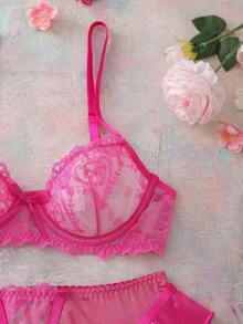 Conjunto de lencería sexy con 5 piezas, sujetador con aros y bordado de corazón - Rosa Fucsia - Ver 8