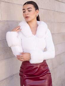Andrea Bello Borg Collar Fuzzy Cuff Tight Cut Black Long Sleeves Cardigan,Long Sleeve Tops In Fall/Winter - White - View 5