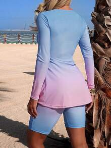 Swim Shayni Women's Ombre Ruched Long Sleeve Top And Shorts Tankini Swimsuit Set, Beach Vacation - Green - View 8