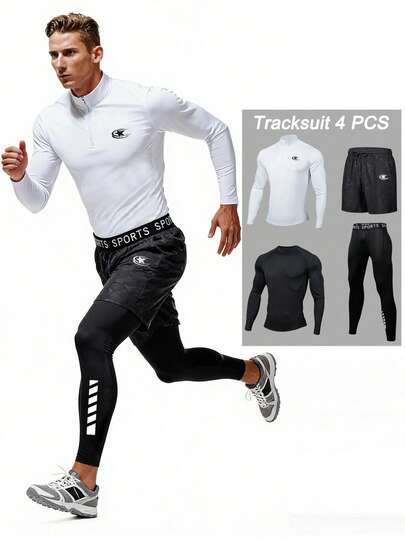 Manfinity Sport Corelite Men's Star Print Long Sleeve T-Shirt, Solid Color Round Neck T-Shirt, Paired With Drawstring Waist Shorts And Leggings Sports Suit