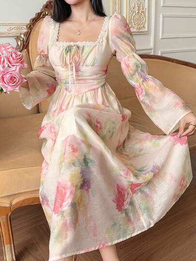 DAZY Vestido de mujer de longitud media con mangas acampanadas, cintura con lazo y parches de encaje floral elegante, para invitada de boda en primavera/verano