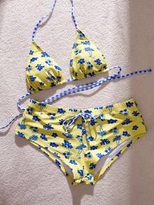 Swim Mod 2026 Spring/Summer New Floral Print Sexy Backless Halter Tie Shorts 2pcs Beachwear Swimwear Set Bikini Set - Yellow - View 4