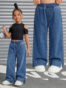 年轻女孩新款休闲时尚简约百搭侧开衩水洗蓝直筒牛仔裤 - 藍色 - 查看 1