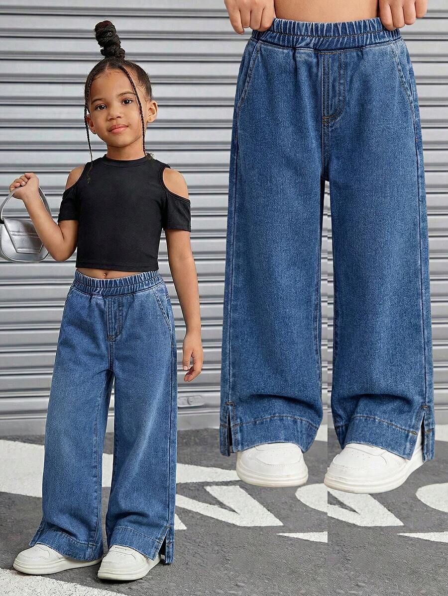 年轻女孩新款休闲时尚简约百搭侧开衩水洗蓝直筒牛仔裤 - 藍色 - 查看 1