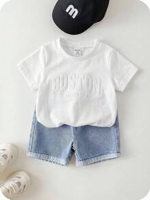 SHEIN 男婴夏季休闲字母印花T恤和浅蓝色短裤两件套 - 白色 - 查看 3