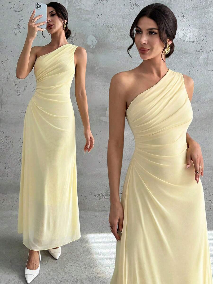 Firerie 女士优雅正式办公通勤休闲度假派对复古教师网纱纯色单肩腰部褶皱A字无袖长裙，浅黄色优雅派对连衣裙，女士优雅连衣裙