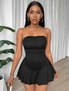 BamGleam 女士純色簡約無肩跨條連體褲，荷葉邊裝飾，適合日常穿著 - 黑色 - 查看 7