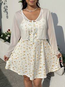 GalTyme White Cardigan & Ditsy Floral Slip Dress 2 Pieces Set, Plus Size - Multicolor - View 3