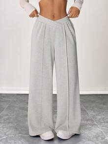 SHEIN PETITE Quần dài thể thao ống rộng không đối xứng màu trắng mùa xuân Quần váy tốt nghiệp, trang phục trở lại trường, tốt nghiệp, trang phục giáo viên dành cho nữ, trở lại trường - trắng - Xem 1