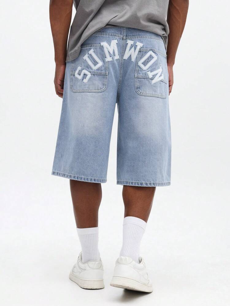 Light Wash Denim Jorts Back Print Text Casual Baggy Wide Leg Below Knee Bermuda Shorts Summer Streetwear