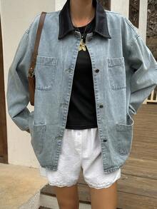 DAZY Casual Loose Women's Denim Jacket With Large Pockets And Collar - Blue - View 5