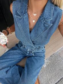 DAZY 女士休闲水洗牛仔背心和阔腿裤套装，春夏款 - 中等水洗藍 - 查看 9