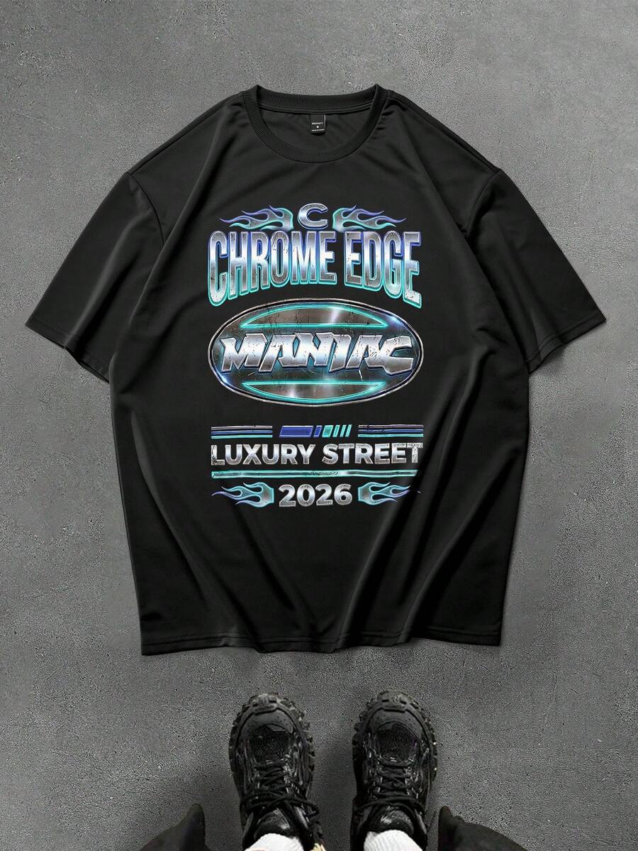 GENIUS ODE Men's Round Neck Letter Print Casual Versatile Daily Wear Short Sleeve T-Shirt - Black - View 1