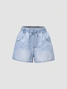 SHEIN Quần short denim thường ngày cho nữ tuổi teen, hàng mới về, kiểu dáng tối giản, đa năng, cạp chun nhún, màu xanh nhạt, chất liệu mềm mại. - Màu xanh lam - Xem 6