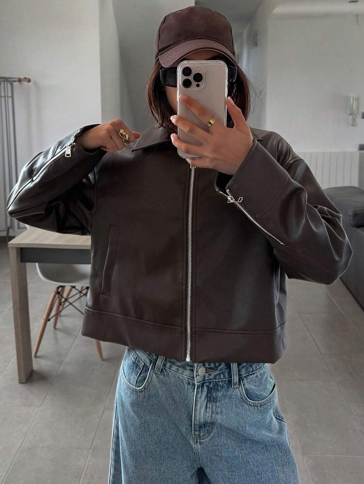 Women's Loose Fit Lapel PU Jacket, Coffee Brown, Suitable For Spring Outfits & Autumn/Winter