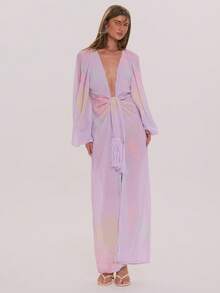 MUSERA Paisley Print Chiffon Plunge Front Drape Detail Loose Fit Long Sleeve Maxi Long Dress Spring Summer Elegant Wedding Guest Vacation Holiday Occasion Honeymoon Cafe - Multicolor - View 5