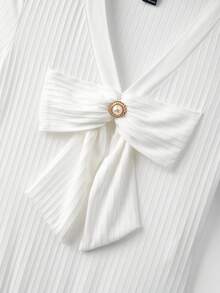 Franclia 女士时尚优雅罗纹蝴蝶结设计短袖连体衣 - 白色 - 查看 8