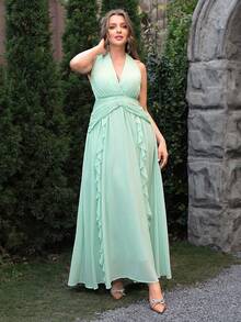 VOLUPTÉ CURVE Plus Size Women's Spring/Summer Green Floor Length Dress Halter V-Neck Ruffle, Elegant Beach Vacation Birthday Party Wedding Guest Dress Women - Green - View 5