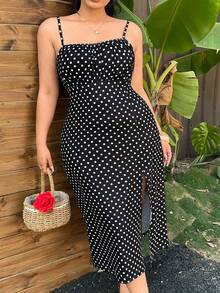 Solflare Vestido de tirantes con estampado de lunares y bajo con abertura para mujer talla grande, primavera/verano - Multicolor - Ver 3