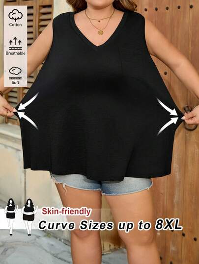 SHEIN CURVE+ Plus Size Women's Summer Casual Solid Color V-Neck Vest