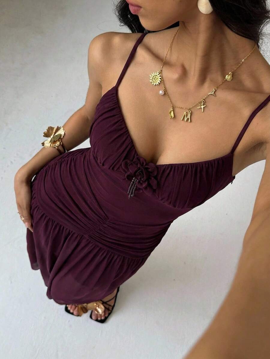 Aloruh Đầm lưới hai dây màu tím đỏ, gợi cảm, lãng mạn cho kỳ nghỉ hoặc buổi hẹn hò.