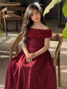 SHEIN Đầm ngắn tay trễ vai thanh lịch, thời trang dành cho bé gái tuổi teen - Màu Đỏ Sâu - Xem 8