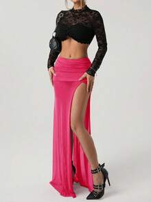 SHEIN ICON Women's High Slit Black Mesh Ruched Waist Sexy Vacation Metal Decor Skirt - Hot Pink - View 4