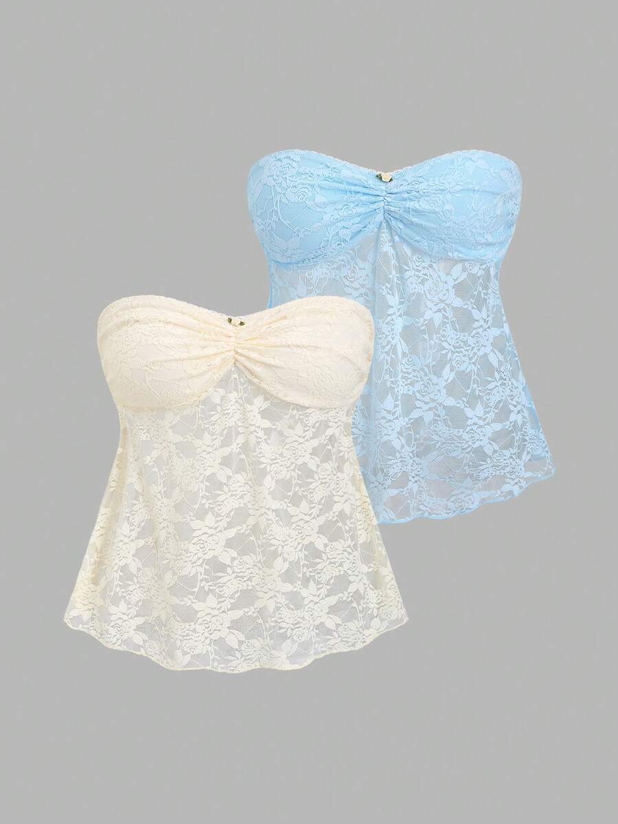 Sweetra Top a fascia con balze in pizzo floreale da donna - Multicolore - Visualizzare 1