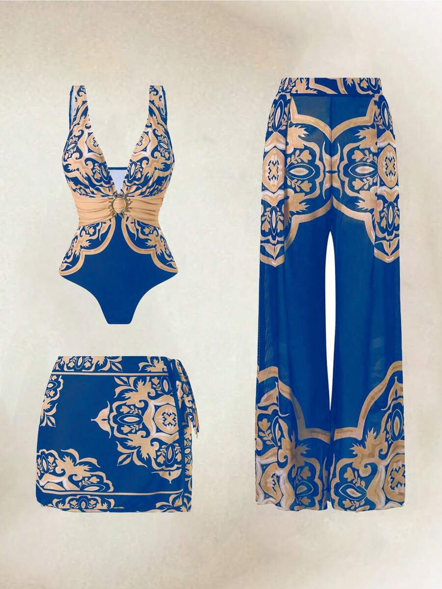 Swim Oasis 2026新款三件套女士印花连体泳衣，含裙子和网纱裤，夏季海滩度假休闲装 - 彩色 - 查看 1