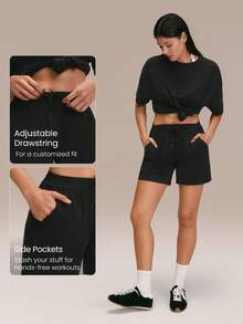 GLOWMODE 6英寸 CloudKnit Float On 超柔软弹力轻盈可调节抽绳松紧腰中腰侧袋短裤，日常休闲穿着 - 黑色 - 查看 4
