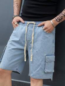 Manfinity Hypemode 男士抽绳腰带工装口袋休闲牛仔短裤 - 淺色水洗藍 - 查看 6